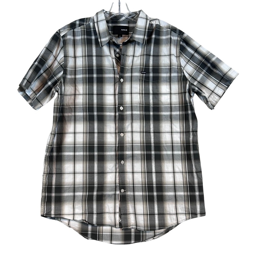 Hurley Mens Large Short Sleeve Plaid Button Down Shirt Black Plaid Streetwear